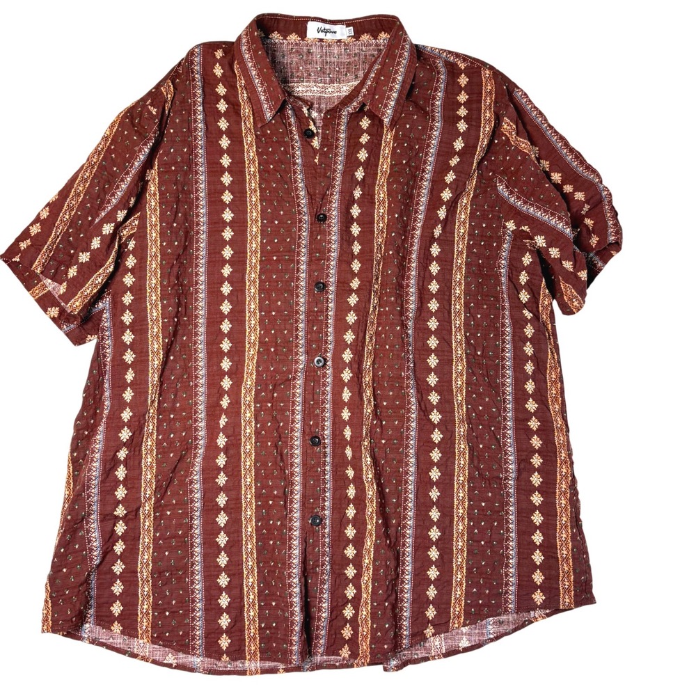 Vatpave XXL Button Down Shirt Brown Geometric Stripe Short Sleeve Casual Boho